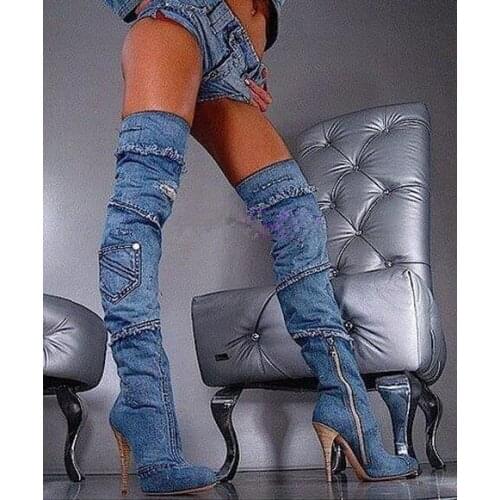 Stylish blue color tassels stiletto heels thigh high boots denim sexy women cowgirls 10CM heels over the knee boots size 35-42