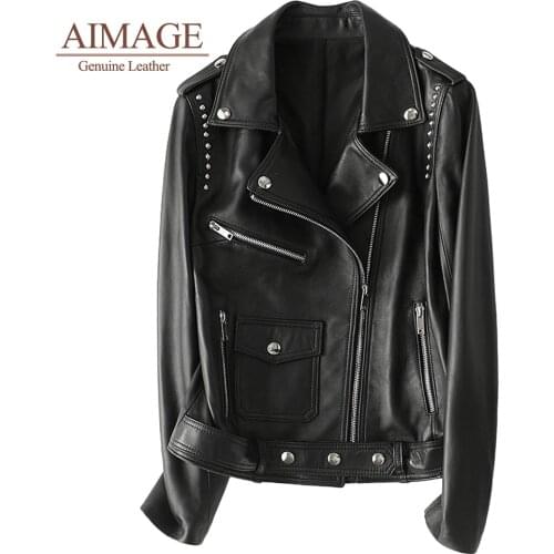 Spring lady sheepskin leather classic rivet cazadora cuero mujer leisure long sleeve motorcycle coats real leather jacket women