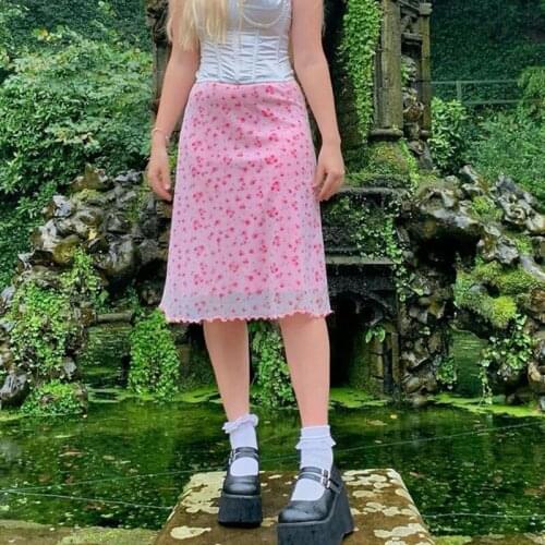 Womens Summer Y2K Skirt Floral Elastic Slim Middle Waist Knee-Length A-line Semi-Dress for Girls Pink/Blue 2021 New Streetwear