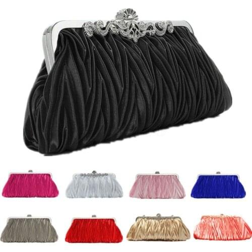 Women Fashion Folded Dinner Bag Lady Satin Crystal Bridal Satin Solid Handbag Clutch Party Wedding Purse Evening Bag Joker