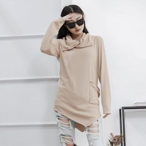 Ladies spring and autumn new medium and long irregular skirt scarf collar with bottom shirt large size long sleeve T-shirt