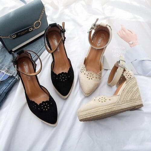 Womens Espadrilles Wedge 2021 New Sandals Skirt Hollow Single Shoes Womens Fashion Pointed High Heels Thick Bottom Straw