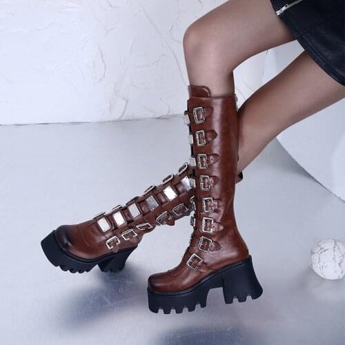 Ladies Gothic Spring Autumn Knight Boots Platform Super High Heel Womens Shoes Winter Belt Buckle Square Toe Knee High Boots