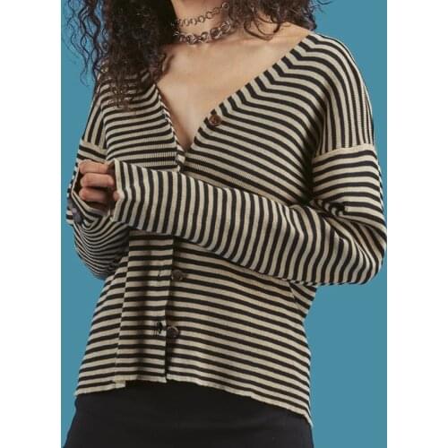 Striped Cardigan Women V-Neck Button Up Long Sleeve Knitted Top Polly Sweaters Aesthetic Girl Harajuku Streetwear