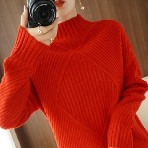 Womens pullover 2021 winter new 100% pure wool sweater casual solid color thick cashmere sweater plus size knitted ladies top