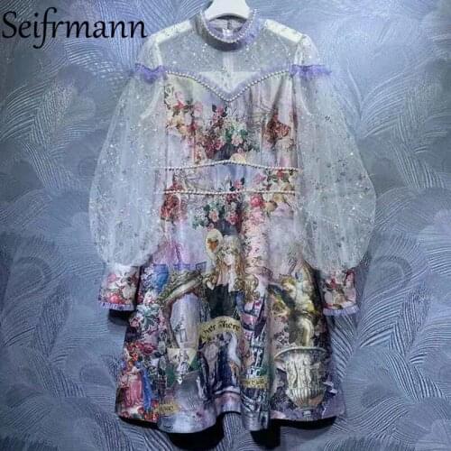 Seifrmann New 2021 Autumn Women Fashion Runway Party Midi Dress Lantern Sleeve Gorgeous Beading Lace Vintage Printed Dresses