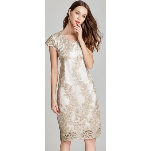 2020 Summer New Womens V Neck Short Sleeve Embroidery Beige Pencil Dress , Elegant Woman 4xl 5xl Hollow Out Dresses