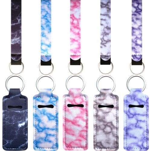 1set=2pcs Marbling Chapstick Holder Keychains with Wristlet Lanyard Neoprene Lipstick Holder Keychain Best Party Gifts