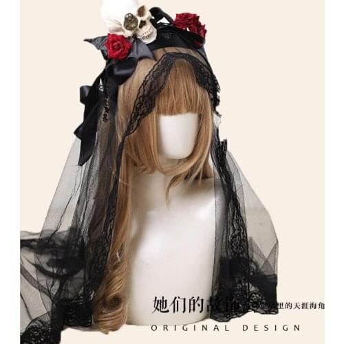 Lolita Gothic Dark Skeleton Teen Girl Crape Lace Bowknot Hair Clasp Hairpin Rose Accessories Women Headdress
