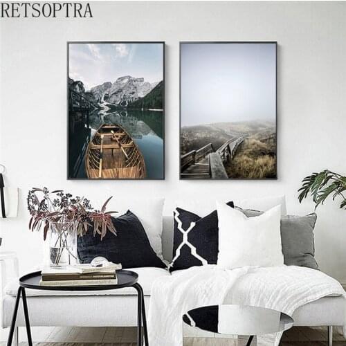Nature Home Decor Bridge Lake Boat Canvas Art Painting Landscape Wall Print Nordic Fog Poster Scandinavian Picture Modern
