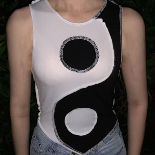 KLALIEN fashion casual black white patchwork knitted female tank top summer high street simple slim elastic basic vest women