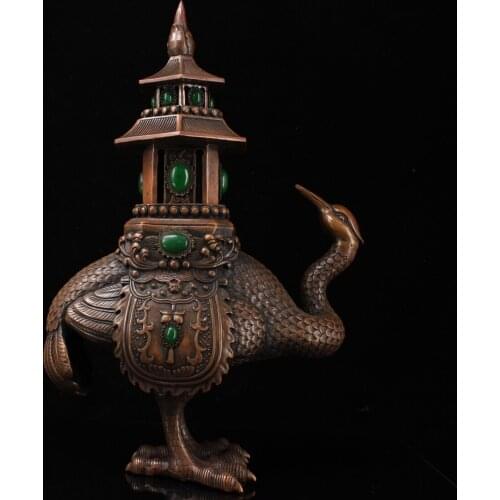 18"Chinese temple collection Old Bronze mosaic Gem Ostrich statue pagoda incense burner Office Ornaments Town House Exorcism
