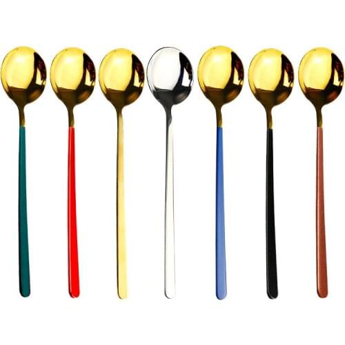 7pcs/set 304 Stainless Steel Korean Spoon Long Handle Creative Tableware Dessert Spoon Spoon Home Eating Spoon Stirring Rod
