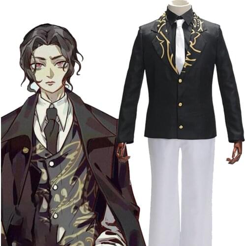 Anime Demon Slayer Kimetsu no Yaiba Kibutsuji Muzan Cosplay Costume Full Set Black Suit with Hat Wig Halloween Party Uniform
