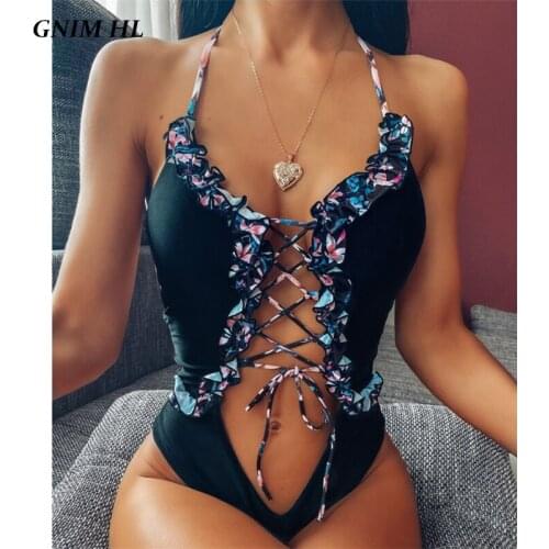 GNIM Bandage Bikini Swimwear Women 2020 Sexy Hollow Out Bathing Suit Women One Piece Floral Brazilian Swimsuit Summer Biquini