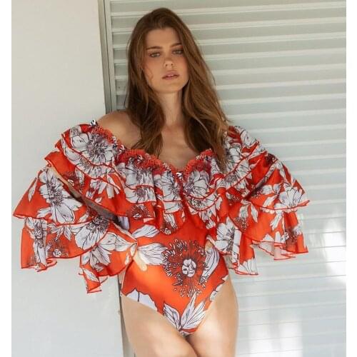 Ruffles One Piece Swimsuit Floral Red Swimwear Women Push up Multi-layer Flared Sleeves Strapless Monokini Boho Bathing suit
