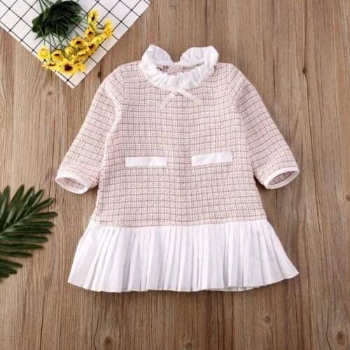 Sweet Toddler Baby Girl Long Sleeve Plaid Bow Collar Dresses Kids Party Formal Dress Clothes 0-5T