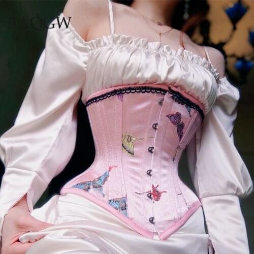 Fashion Single Breasted Corset Vintage Party 24 Pieces Steel Bonings Pink Butterfly Front 30cm Underbust Corsets for Waisting