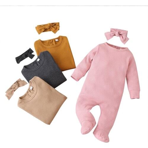 Newborn Baby Girl Boy Solid Knitted Footies, Long Sleeve One-piece Ribbed Jumpsuit with Wrapped Foot Design Bottom