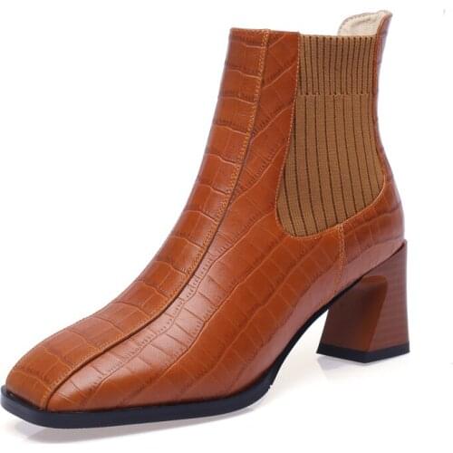 Autumn Women Genuine Leather Chelsea Boots Fashion Female High Thick Heels Elegant Lady Brown Black Square Toe 2021 Ankle Boots