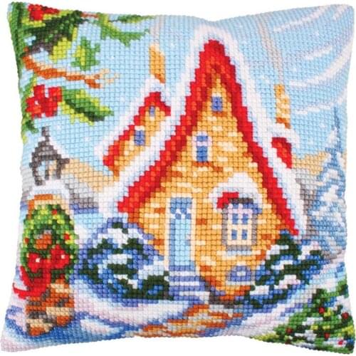 Cross Stitch Cushion Front Christmas Cottage Needlepoint Kits Printed Canvas Chunky Yarn Cross-stitch Pillow Case Arts & Crafts