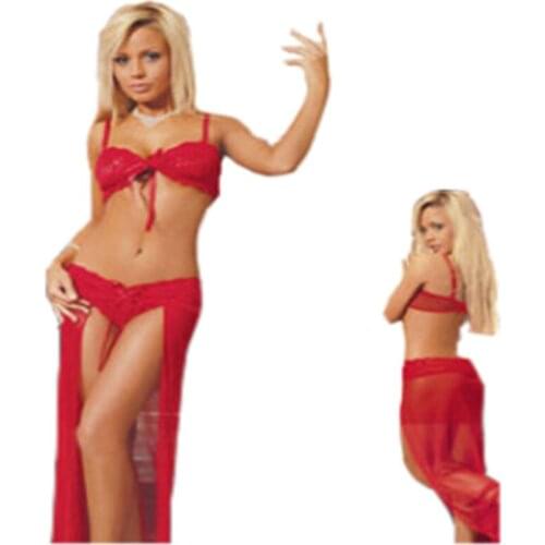 Sexy Women Lace Lingerie Sets Two-Piece Spaghetti Strap Strapless Bra Long Cardigan Dress Transparent Erotic Costumes femininas