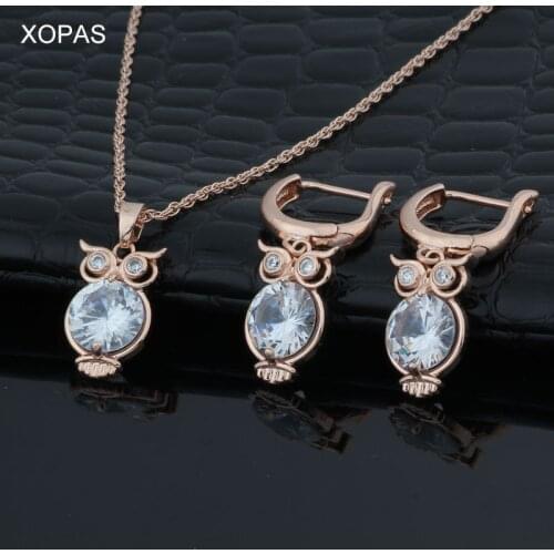 XOPAS Cute Owl Drop Earrings Necklaces & Pendants Pave CZ Gold Color Jewelry Sets For Women Children Kids Girls Jewellery Gifts