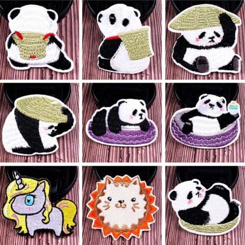 Cute Panda Dog Patch Iron On Patches Cartoon Animals Embroidered Patches For Clothes Stripes Anime Patch Sticker Applique Decor