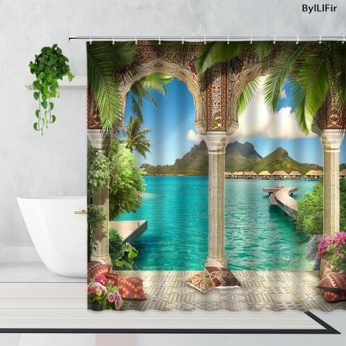 Ocean Scenery Arched Door Shower Curtains Flowers Plants European Landscape Home Decoration Background Bathroom Bath Curtain Set