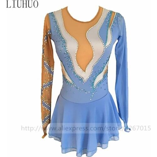 Figure Skating Dress Womens Girls' Ice skating Dress Light blue and white Round neck long sleeve style White stripes
