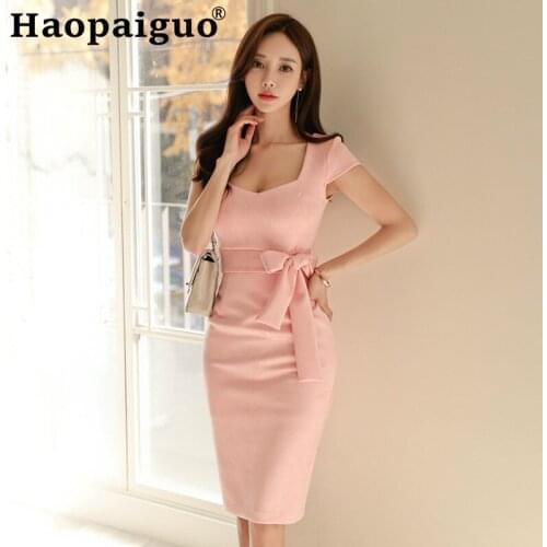 Big size Summer OL Office Dress for Women with Bow Short Sleeve Corset Bodycon Wrap Women Dress Pink Work Dress for Ladies Robe