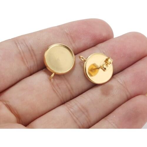 10pcs Stainless Steel Gold Earring Posts Studs Setting Bezels Cabochons Tacks with Loop 12mm Glue Pad Setting Perpendicular Loop