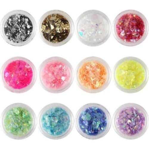 12 Boxes/Lot 12 Colors Iridescent Candy nail art ,Unicorn colors , Crushed mayler , mermaids flakes Broken Glass Mirror flakes
