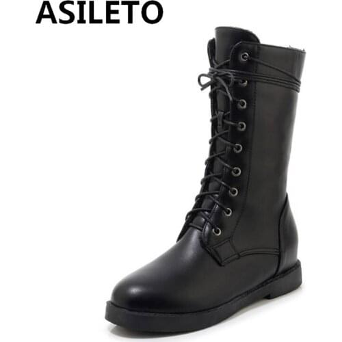 ASILETO Women Mid-Calf Boots Round Toe Platform Square Thick Heels Faux Leather Zipper Cross-tied Big size 32-43 Casual Autumn