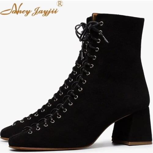 2019 Winter Adult boots Square Toe Spring/Autumn Zipper Cross-tied Women shoes Ladies Ankle Boots Fashion Dress Big Size 45 44