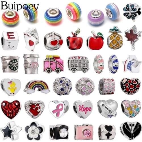 Buipoey Round Rainbow Beaded Enamel Star Apple Pineapple Fruit Beads Heart Hope Bead Fit Diy Bracelet Jewelry Making Accessories