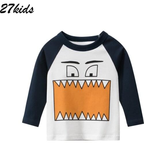 27kids Baby Boys Spring Clothes Autumn Big Mouth Full Sleeves Cotton Shirt Cartoons O-neck T Shirts teenagers Tops for 2-9 years