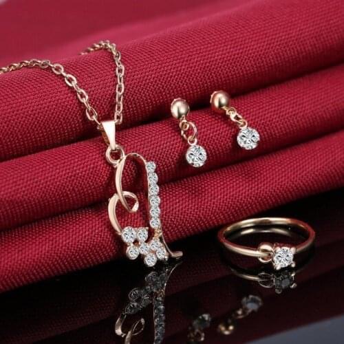 Elegant CZ Crystal Love Heart Necklace + CZ Ball Post Earrings + Crystal Ring Jewelry Set 14CK Yellow Gold Filled Charm