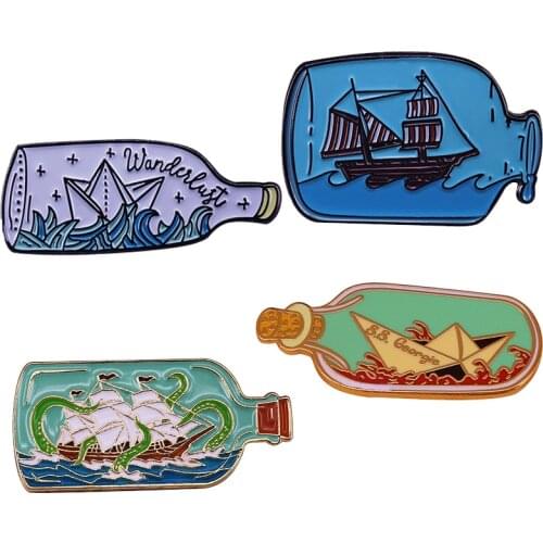 Ship In A Bottle Attacked by Sea Enamel Lapel Pin sailboat Brooch sailing boat badge magical sea-themed enjoy nautical ocean art