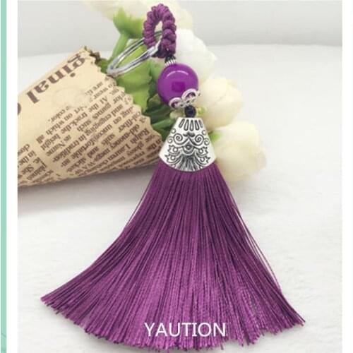 1Pcs Retro Tibetan silver lines Tassel purple Keychain Ring Bag Charm Accessories