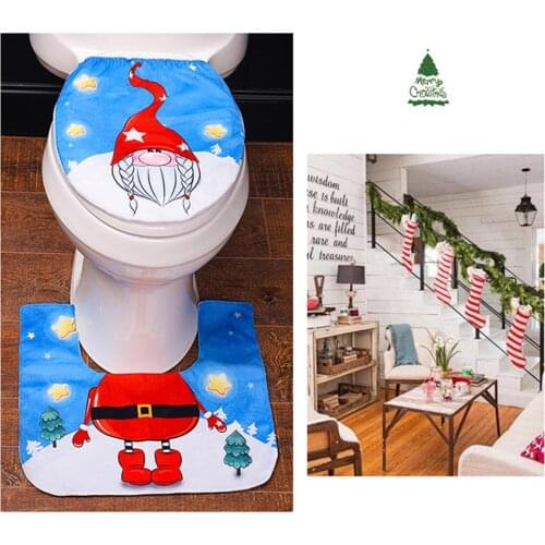 Bath Mat 2 Piece Set Christmas Santa Toilet Cover Foot Pad Bathroom Door Mat Soft Bath Rug Carpet Xmas Decoration
