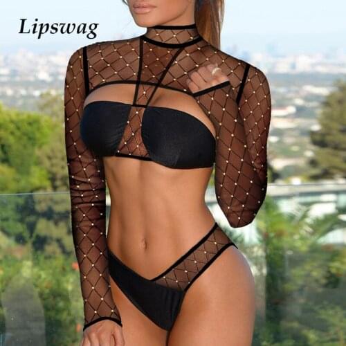 Sexy Mesh Turtleneck Hollow Out Bikini Swimsuit Women See Through Swimwear Female Push Up Solid Bikini Set Biquini Bathing Suit