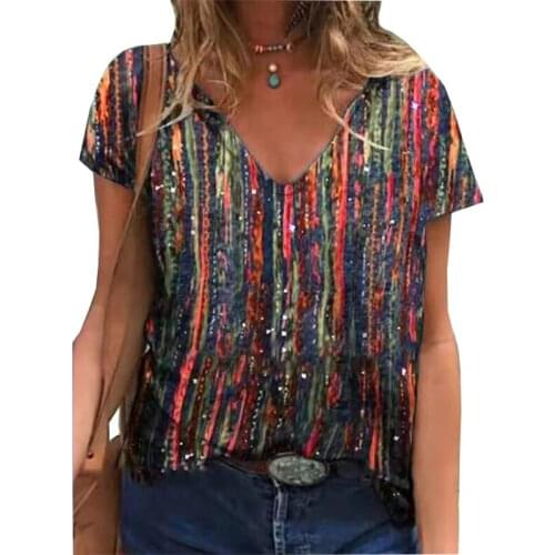 Summer Gradient Striped Print Women T Shirts 2021 New Streetwear Casual Short Sleeve V-Neck Loose Tops Plus Size 5XL Ladies Tees