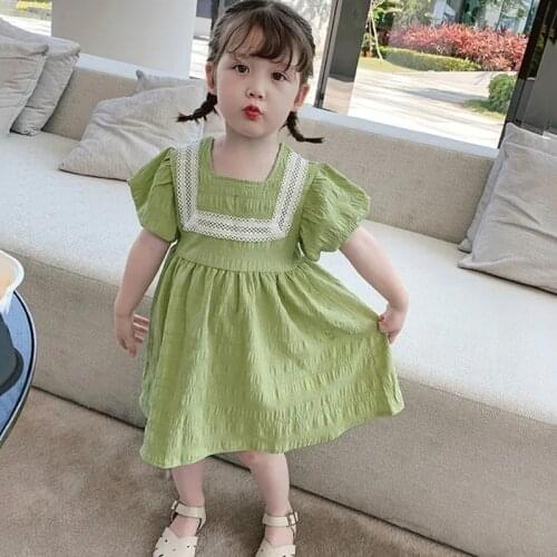 Summer Girls Dresses Lace Square Collar Puff Sleeve Dresses for Girls Sweet Green Purple Dress Kids Girls Dress Children Clothes