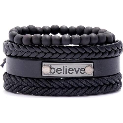 Punk Fashion Believe Charm Black Bracelet Set Multi-layer Braided Leather Beads Wristbands Men Women Wrap Bangle Vintage Jewelry
