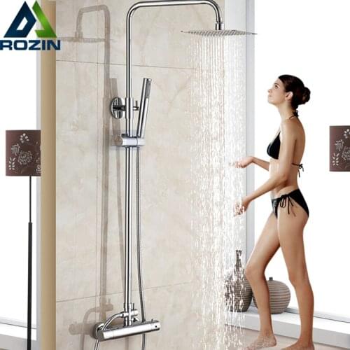 Wall Mount 10 inch Thermostatic Bathroom Shower Faucet Mixer Taps Dual Handle with Hand Held Shower Chrome Finish