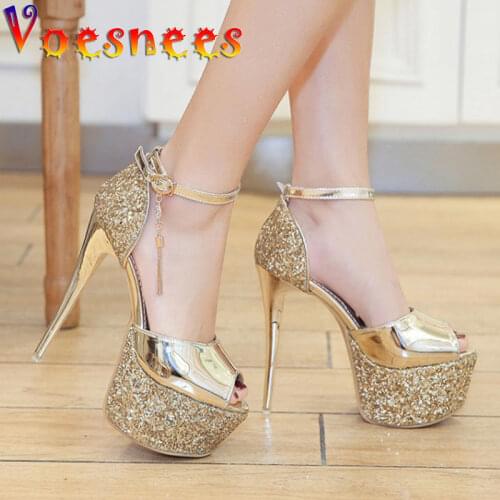 2021 New Women Cover Heel Sandal Rhinestone Fringes Ornaments Buckle Strap High Heels Sexy Open Toe Shining Platform Model Shoes