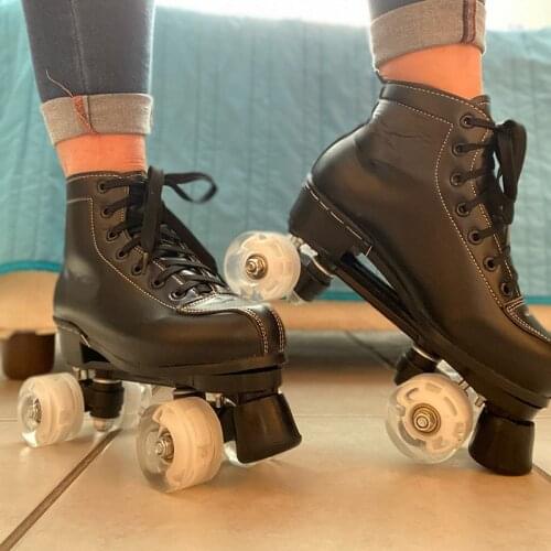New Black White Artificial Leather Roller Skates Double Row Quad Skate Sneakers Women Rollerblading White PU 4 Wheels Patines