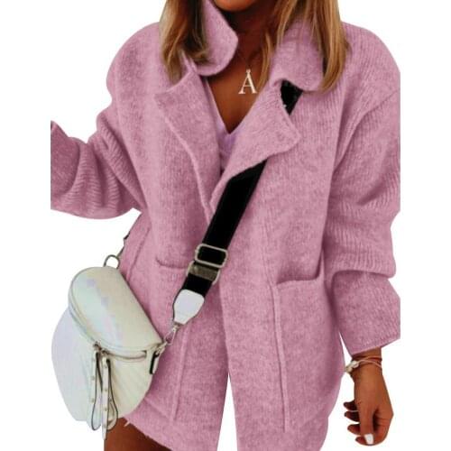 Autumn Winter Women Coat Chic Long Sleeve Solid Color Pockets Lapel Knit Coat Cardigan Thick Streetwear Jacket Knitted Cardigan