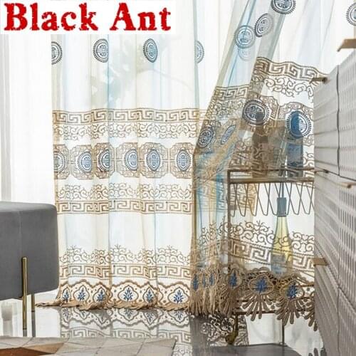 Chinese Style Geometric Embroidered Curtains Tulle For Living room Balcony Luxury Coffee Tassel Sheer Voile Window Screen X813F